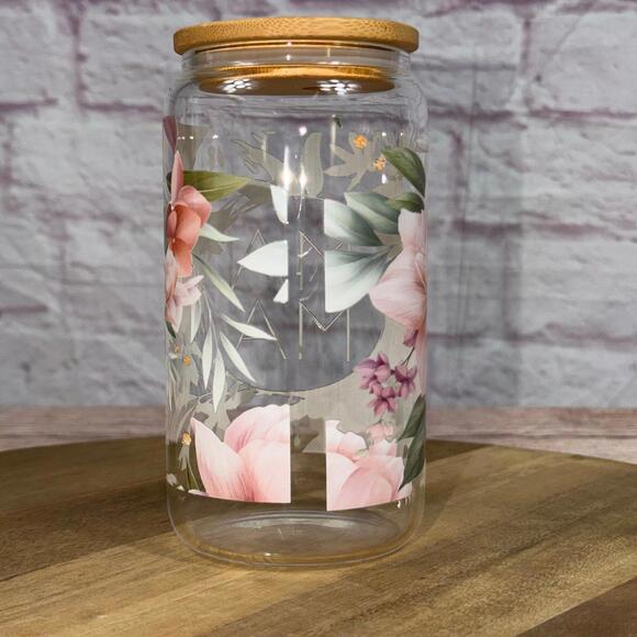 Floral 16oz Glass Tumbler with Bamboo Lid - 'MAMA' Design New - Picture 3 of 6